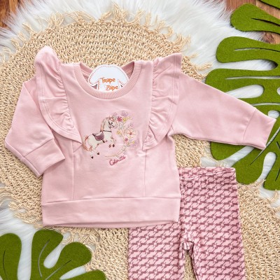 Conj. Casaco de Moletom Cavalinho com Flores Bordadas e Calça Legging - Rose